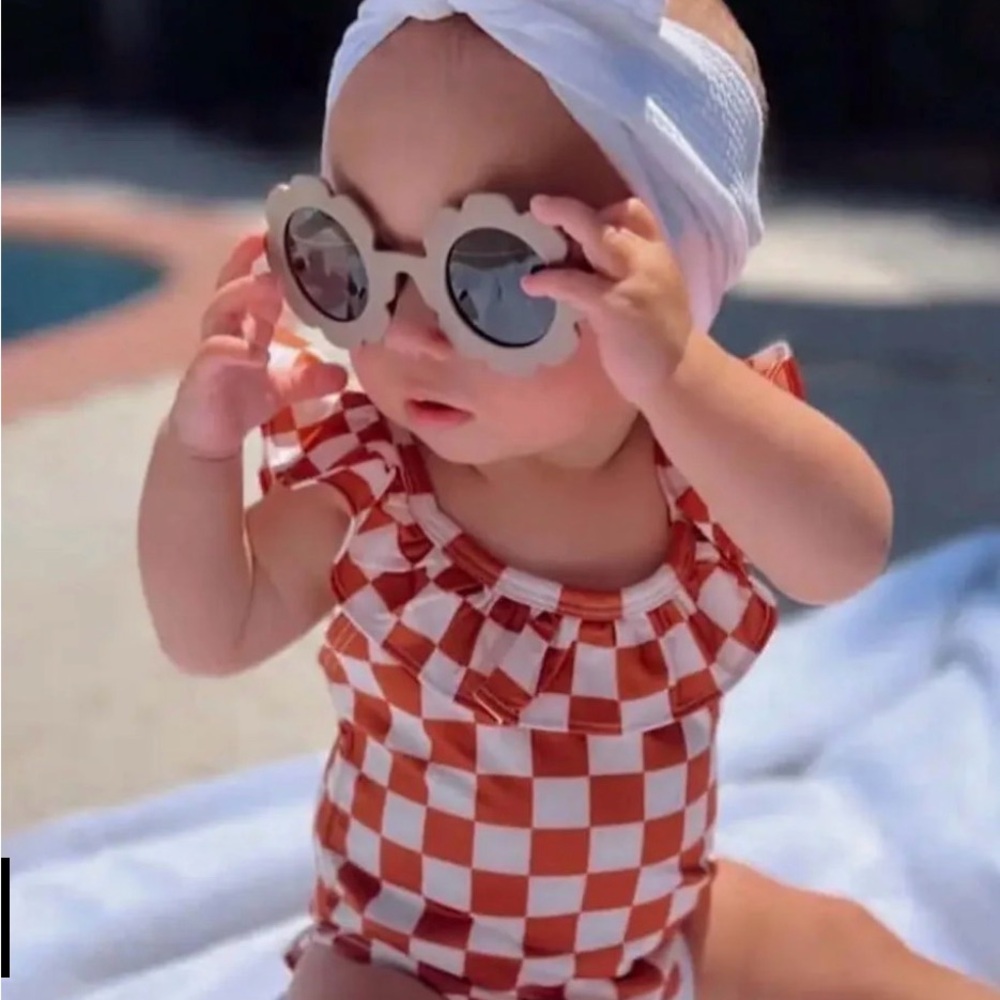 Checkered Orange Kids Swim One Piece